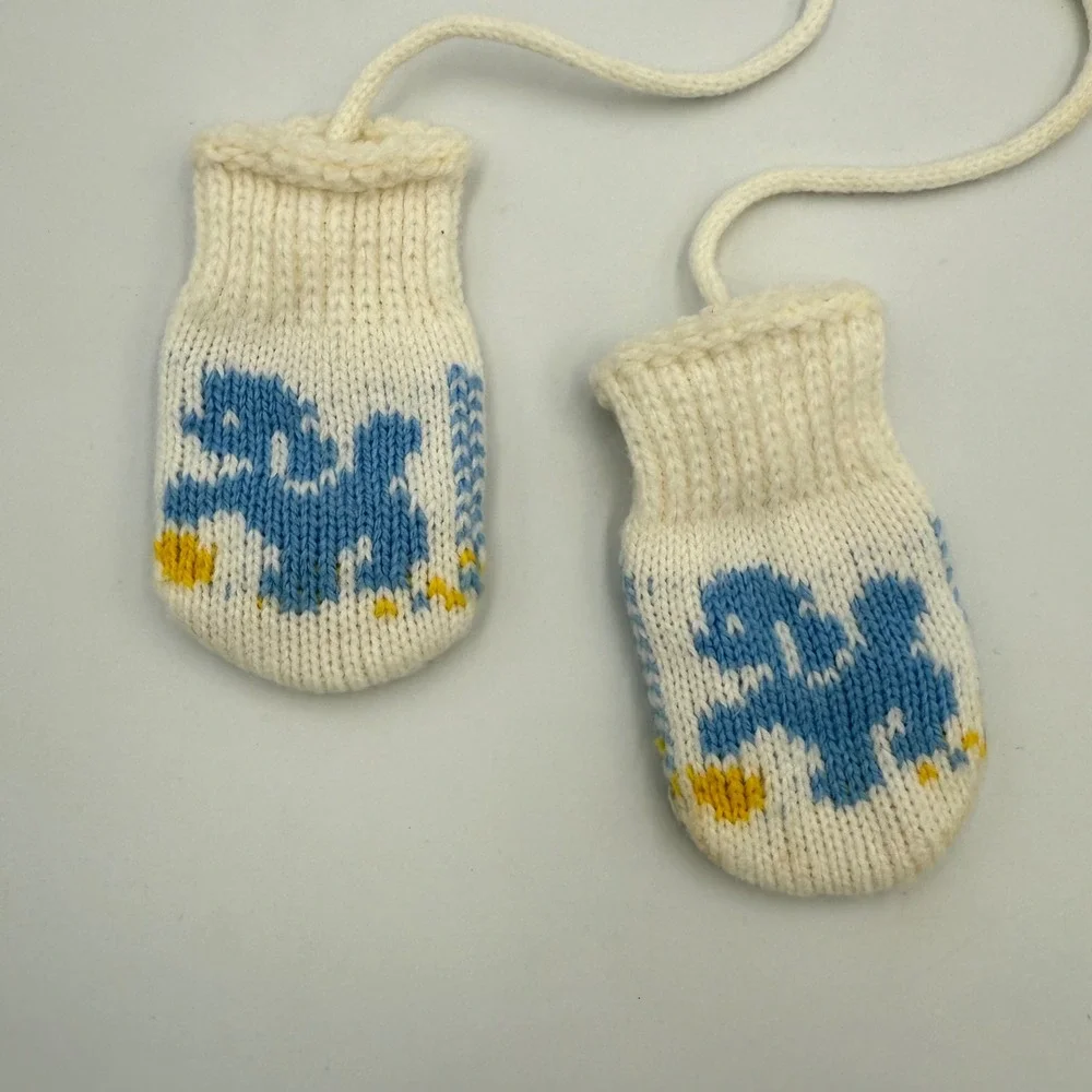 Vtg Knit Baby Mittens | Blue Dog‎ Motif | Infant Size | 1950-60s Era Mid-Century
